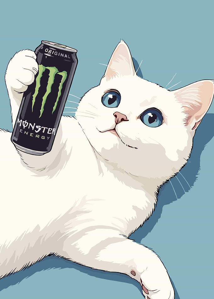 Cute White Cat Holding Monster Energy