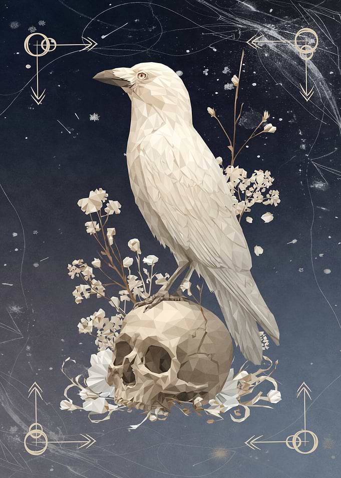Low Poly White Raven on Skull