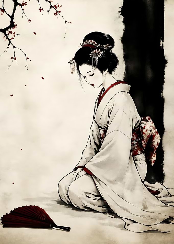 Elegant Geisha Kneeling Under Cherry Blossoms