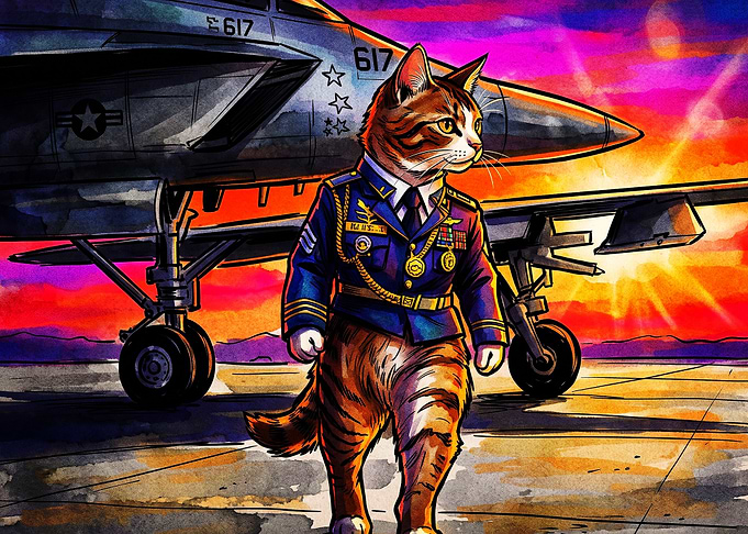 Cat Pilot Military Jet Sunset Art