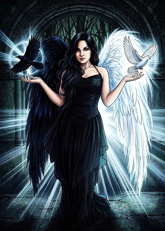 Woman with Raven and Dove Wings