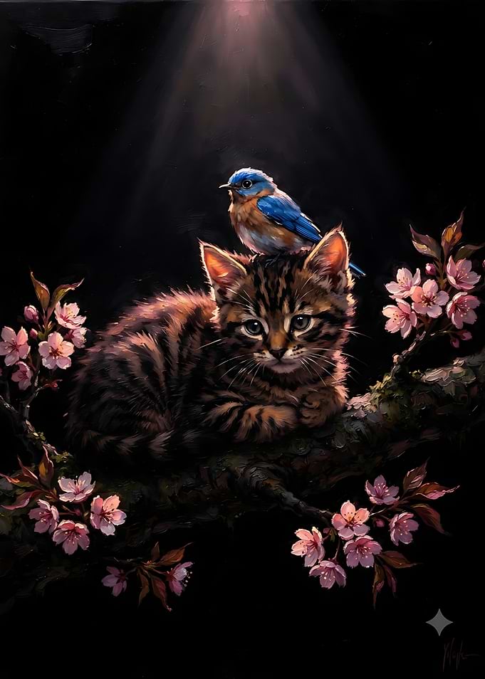 Kitten and Bluebird on Cherry Blossom