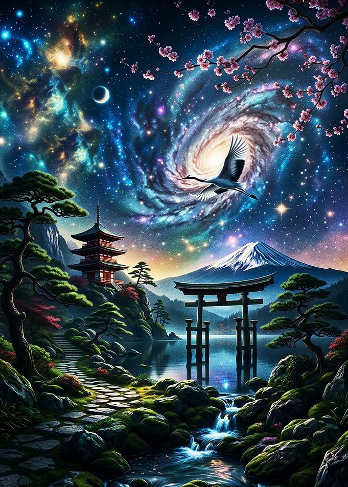 Celestial Japanese Landscape with Crane