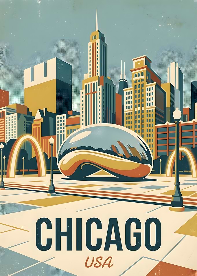 Vintage Chicago Cloud Gate Travel Poster