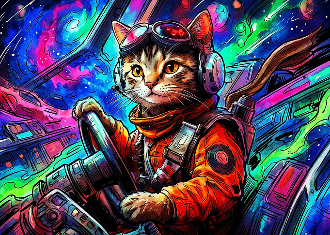 Space Cat Pilot Psychedelic Poster
