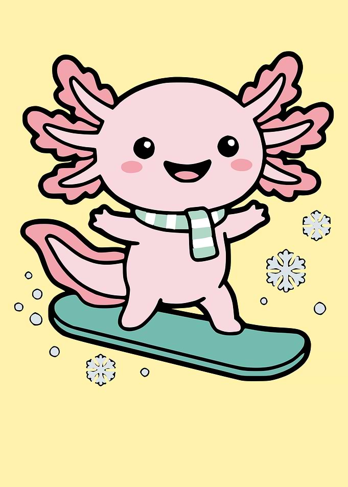 Cute Axolotl Snowboarding Illustration