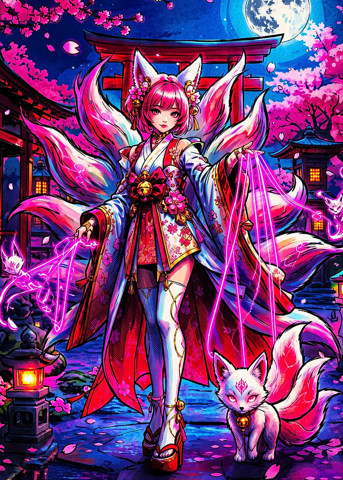 Kitsune Fox Girl Anime Neon Poster