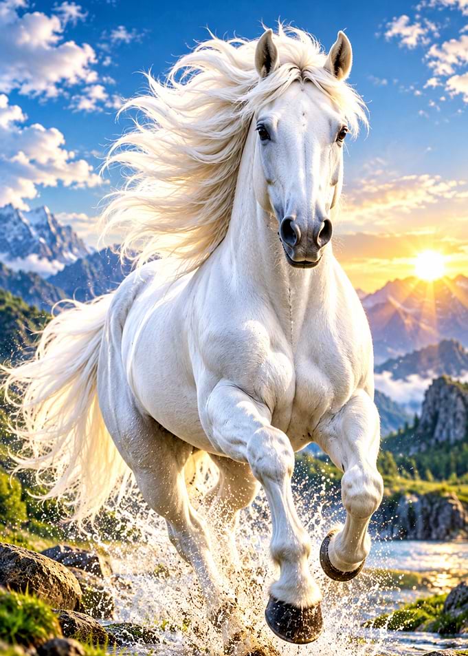 Majestic White Horse Running Through Water