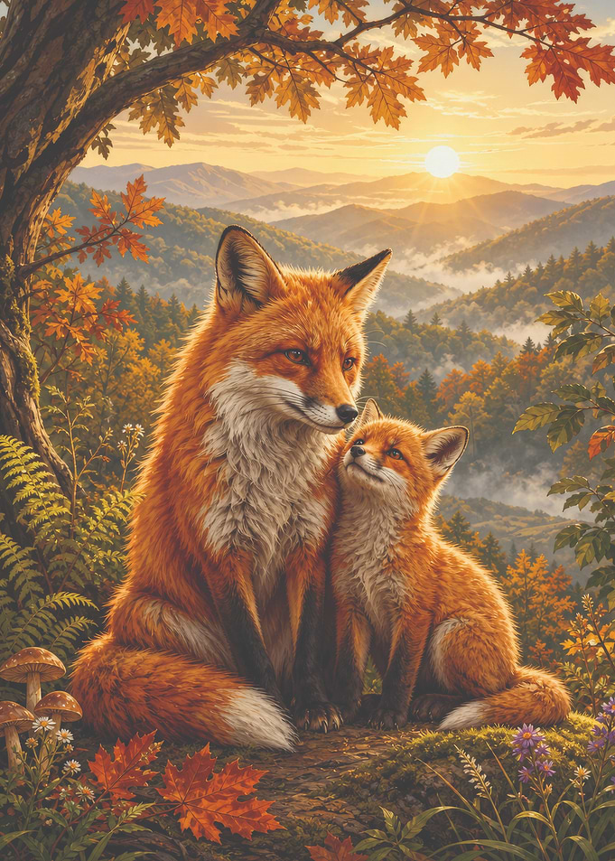 Mother Fox and Kit in Autumn