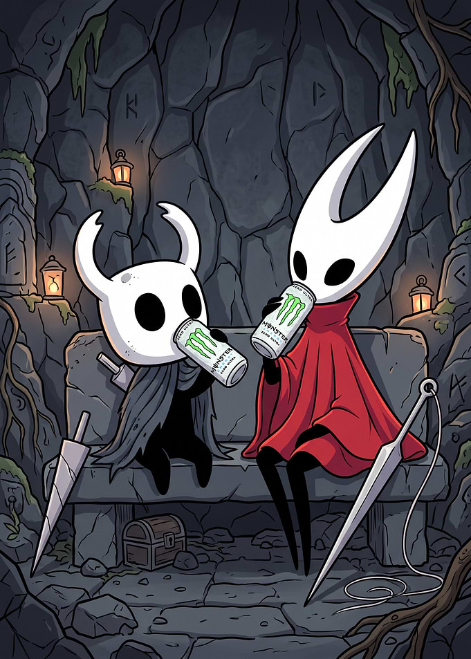 Hollow Knight and hornet Drinking Monster Energy