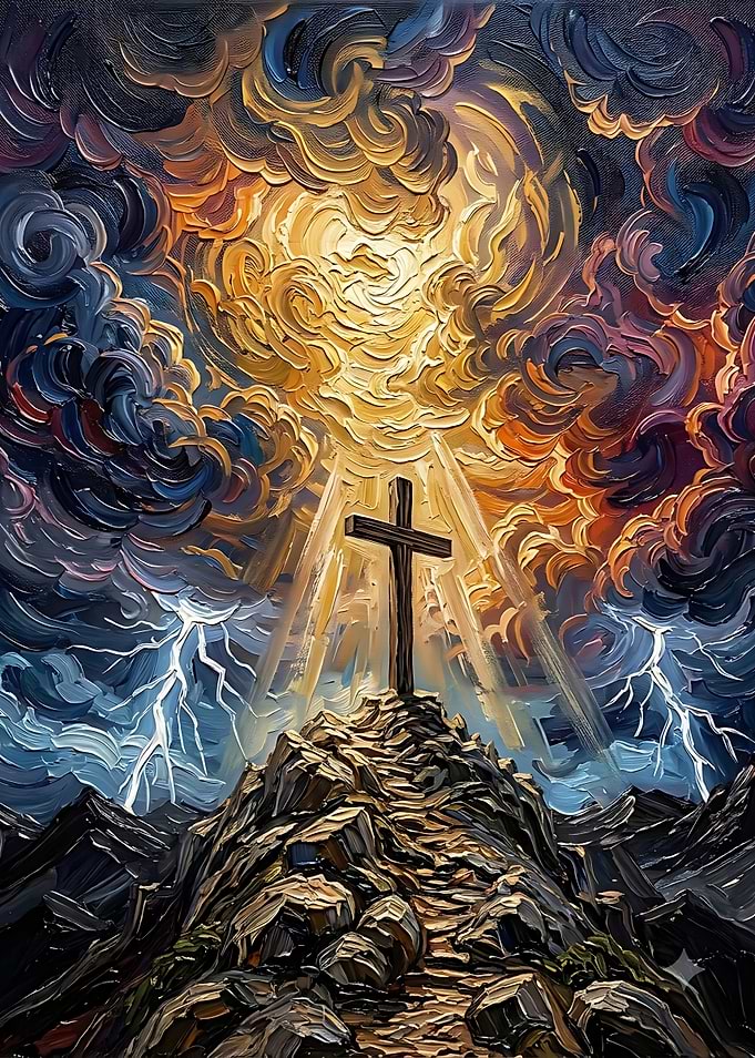 Cross on Mountain Under Stormy Sky