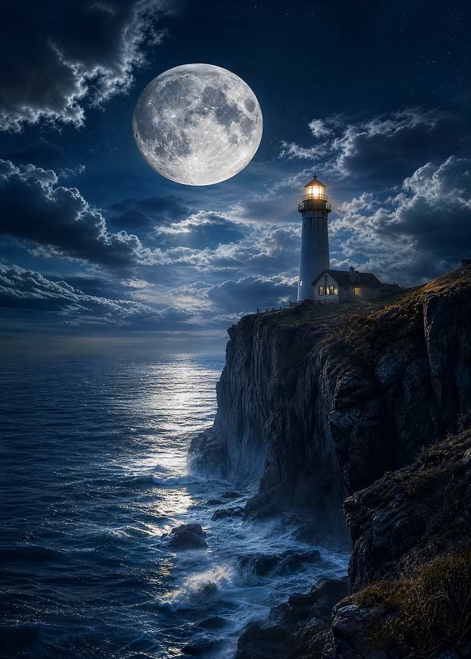 Lighthouse on Cliff Under Full Moon