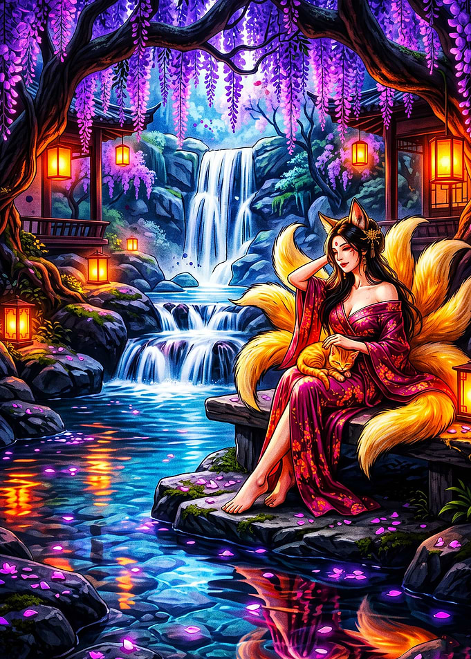 Kitsune Fox Girl Waterfall Fantasy
