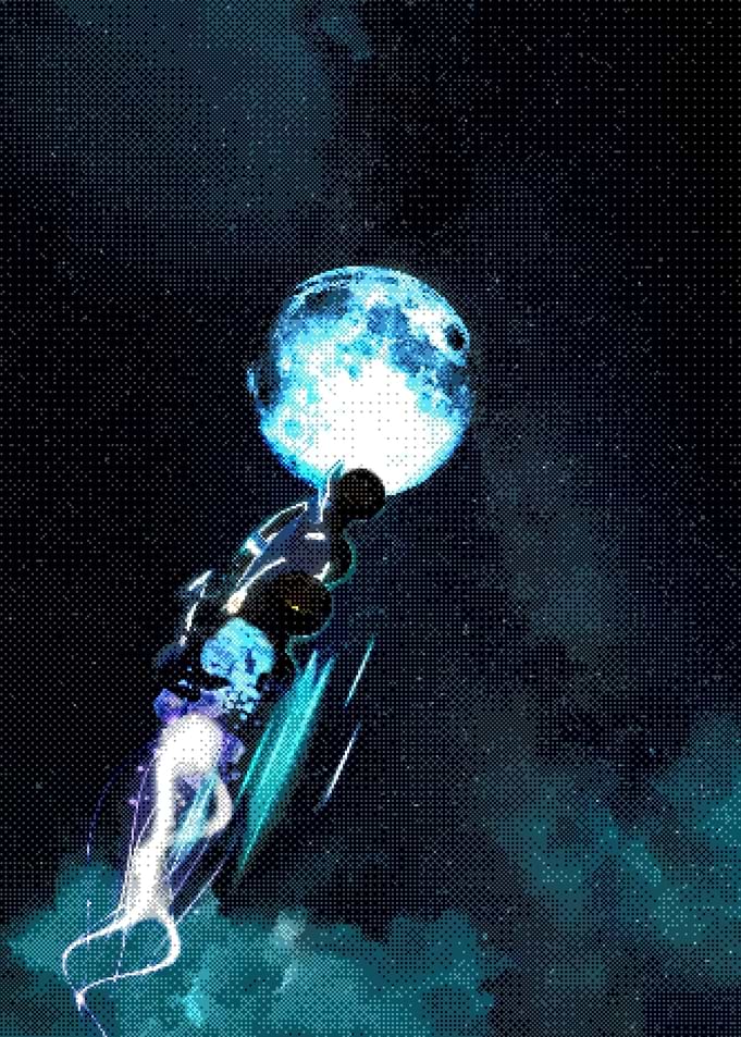 Anime character flying towards the moon