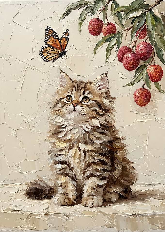 Fluffy Kitten and Butterfly Oil Painting