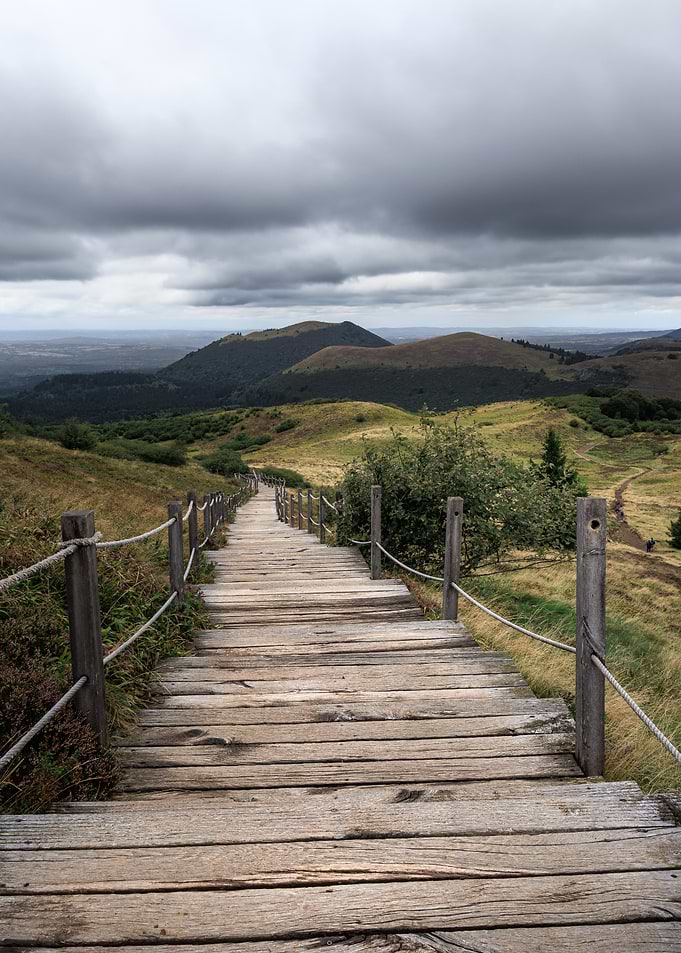 Wooden Staircase Path in Mountains