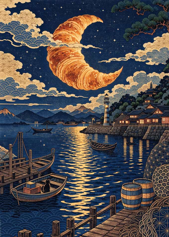 Croissant Moon Over Japanese Harbor