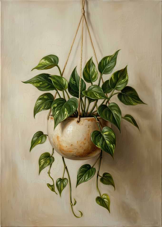Oil Painting of Hanging Pothos Plant