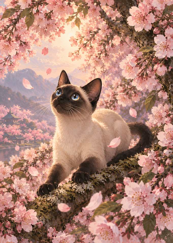 Siamese Cat in Cherry Blossom Tree