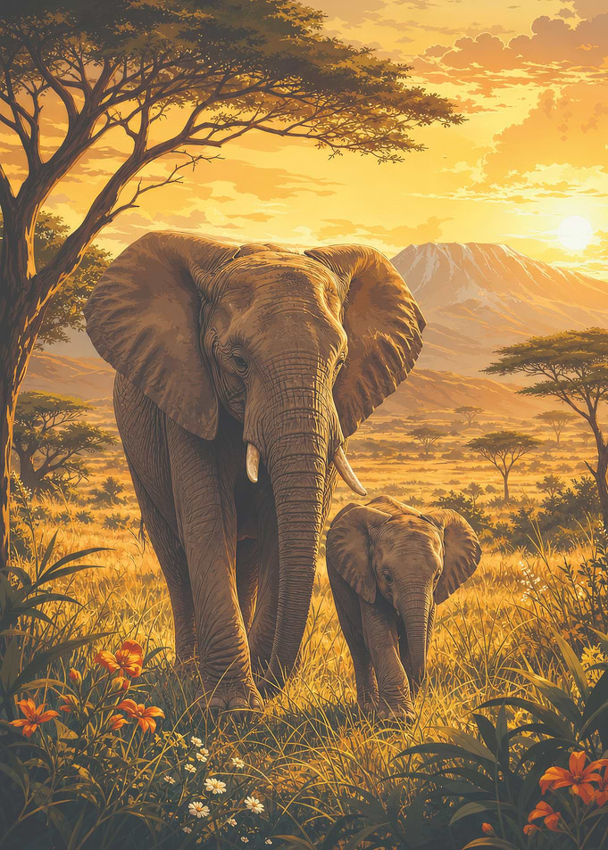 Elephant Mother and Calf at Sunset
