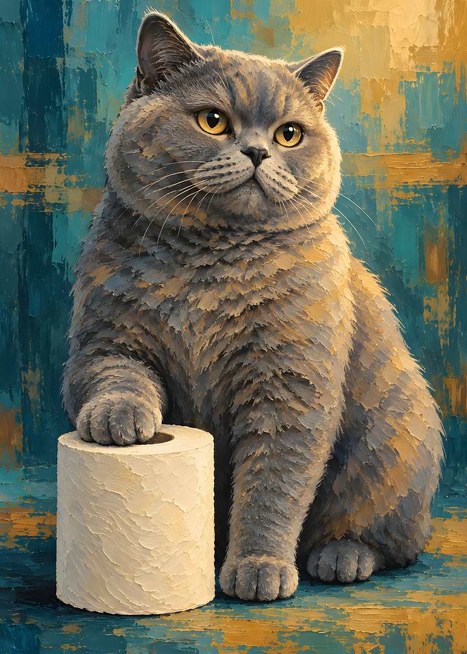British Shorthair Cat with Toilet Paper
