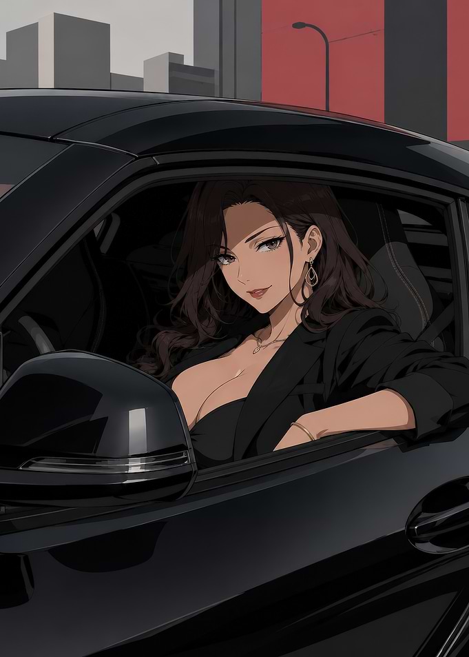 Elegant Woman Driving a Black Car
