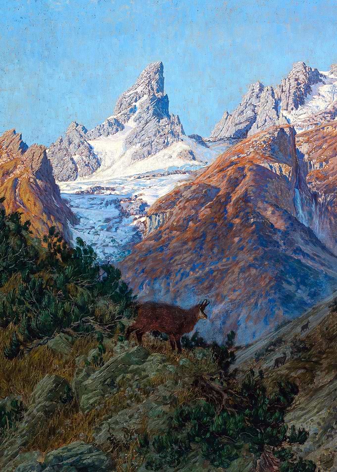 Chamois in the High Mountains Painting by Oskar von Kleiner