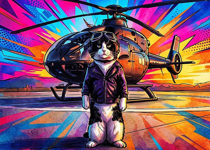 Cat Pilot Helicopter Neon Pop Art