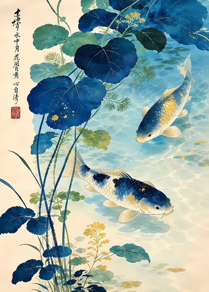 Blue Koi Fish in Pond Painting