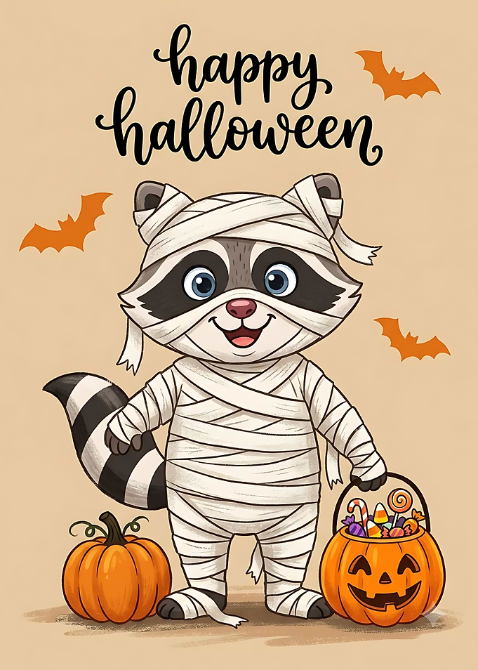 Cute Mummy Raccoon Halloween Illustration