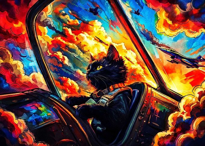 Cat Pilot Fighter Jet Vibrant Art