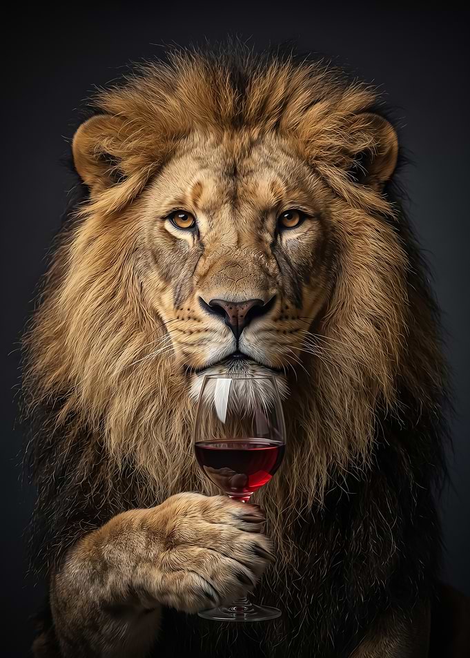 wild Sophisticated Lion Holding Wine Glass poster