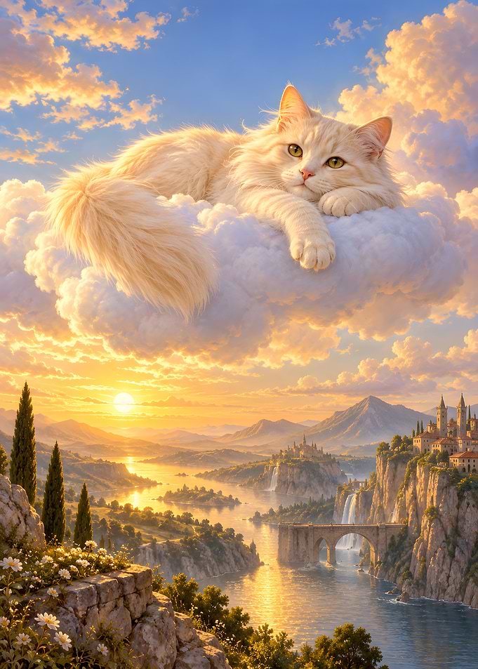 Fluffy Cat Resting on Dreamy Clouds