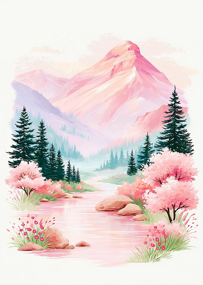Pink Mountain Landscape with Cherry Blossoms
