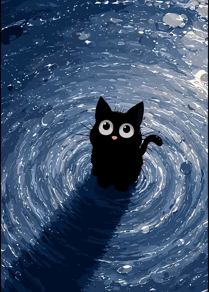 Cute Black Cat in Rain Puddle