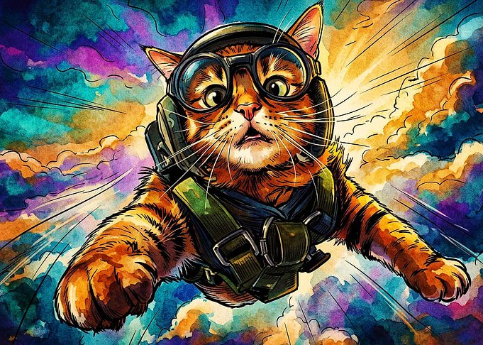 Cat Pilot Flying Watercolor Poster