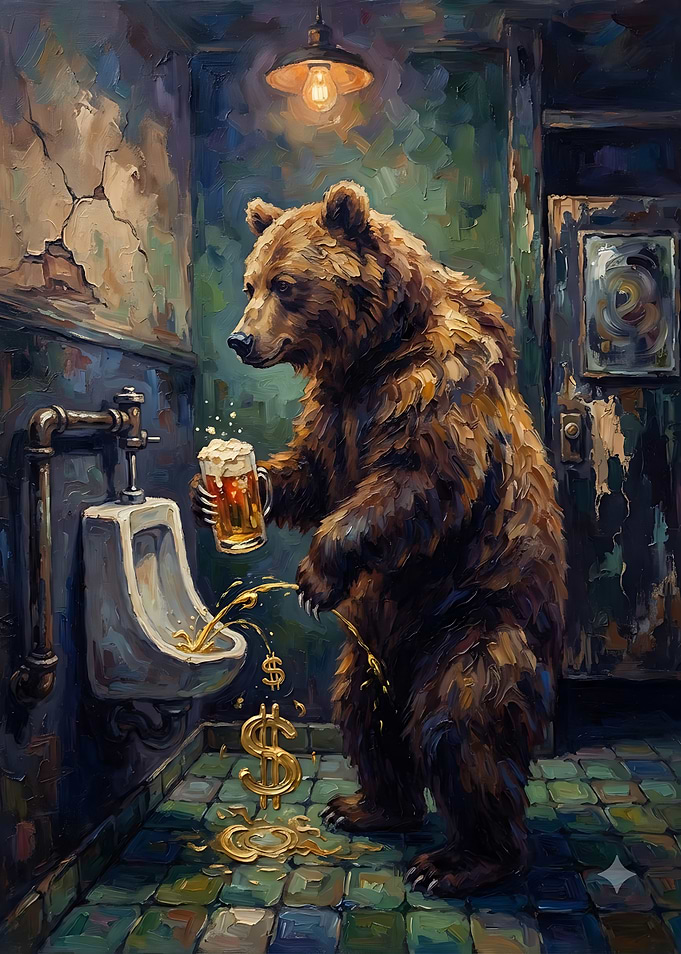 Bear Drinking Beer at Urinal