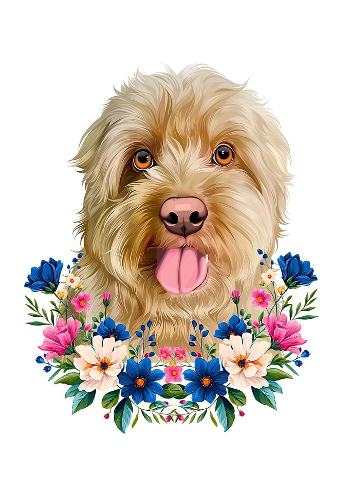 Golden Doodle Dog with Floral Wreath
