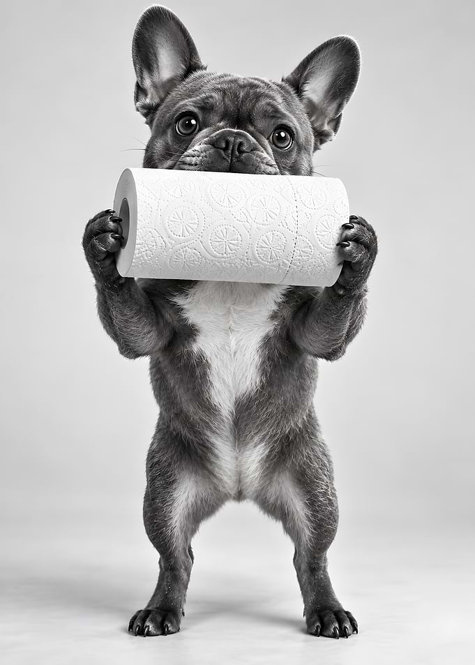 French Bulldog Holding Toilet Paper