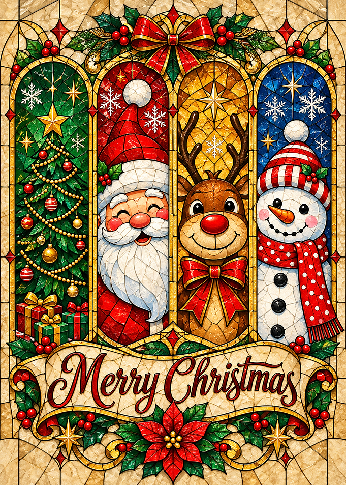 Stained Glass Merry Christmas Holiday Art
