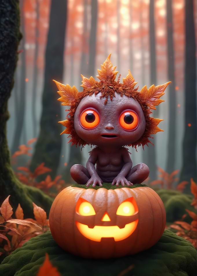 Cute Autumn Forest Creature on Pumpkin
