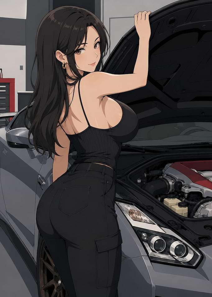 Anime Girl Working on Sports Car