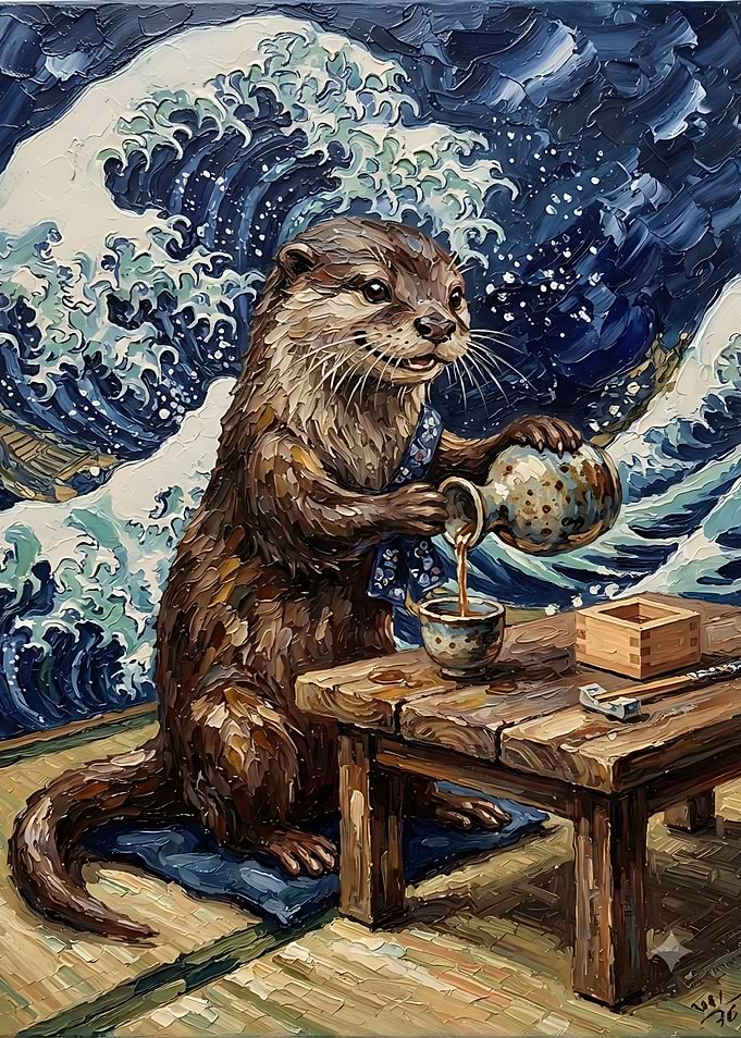 Otter Pouring Sake Before Great Wave