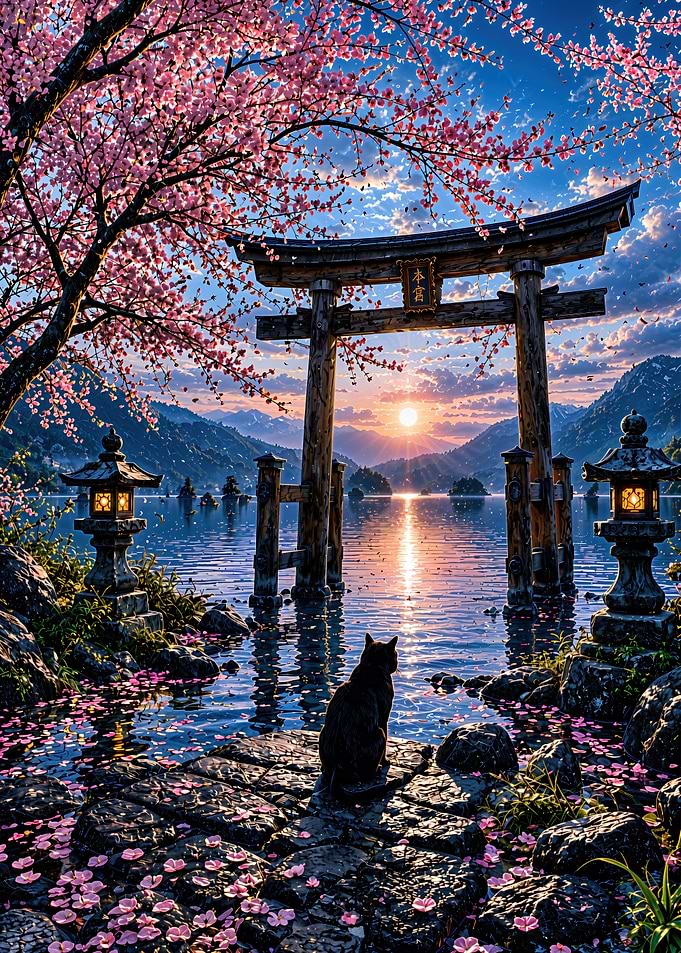 Black Cat at Japanese Torii Gate