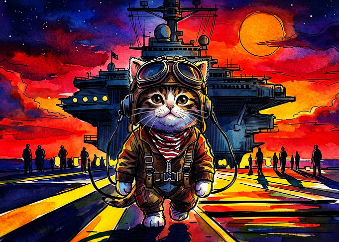 Cat Pilot Aircraft Carrier Watercol