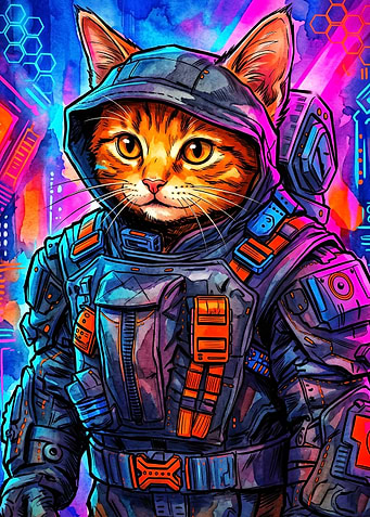 Cyber Cat Astronaut Neon Art Poster