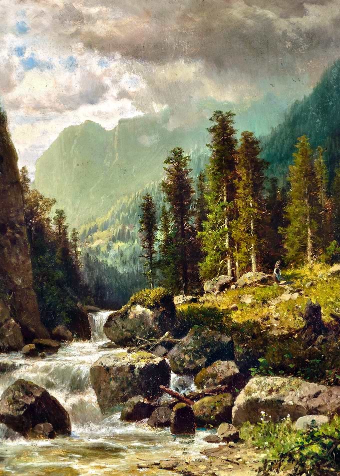 Mountain Stream with Woman Gathering Wood Painting by Adolf Chwala