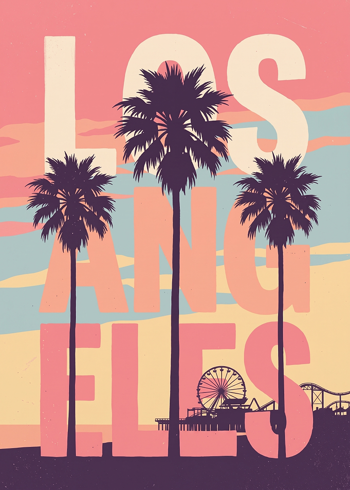 Los Angeles Travel Poster - Retro California Wall Art Print, Vintage Palm Trees Sunset Decor