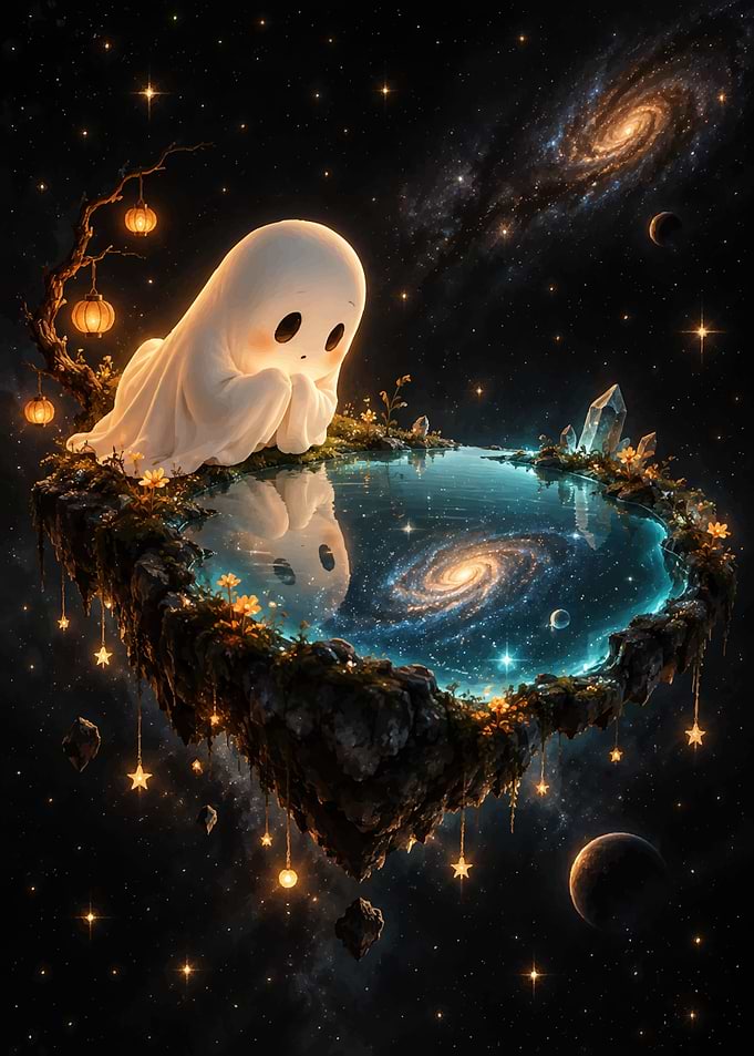 Cute Ghost Gazing at Cosmic Pond