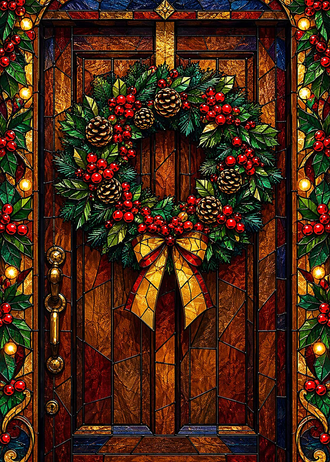 Stained Glass Christmas Wreath Door